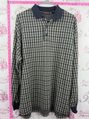 Christopher Rand long sleeve vintage Navy and Cream Houndstooth Long-Sleeve Polo